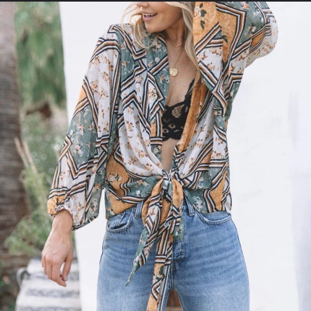 Lovestitch Floral Tie-Front Blouse - Green, Gold, White